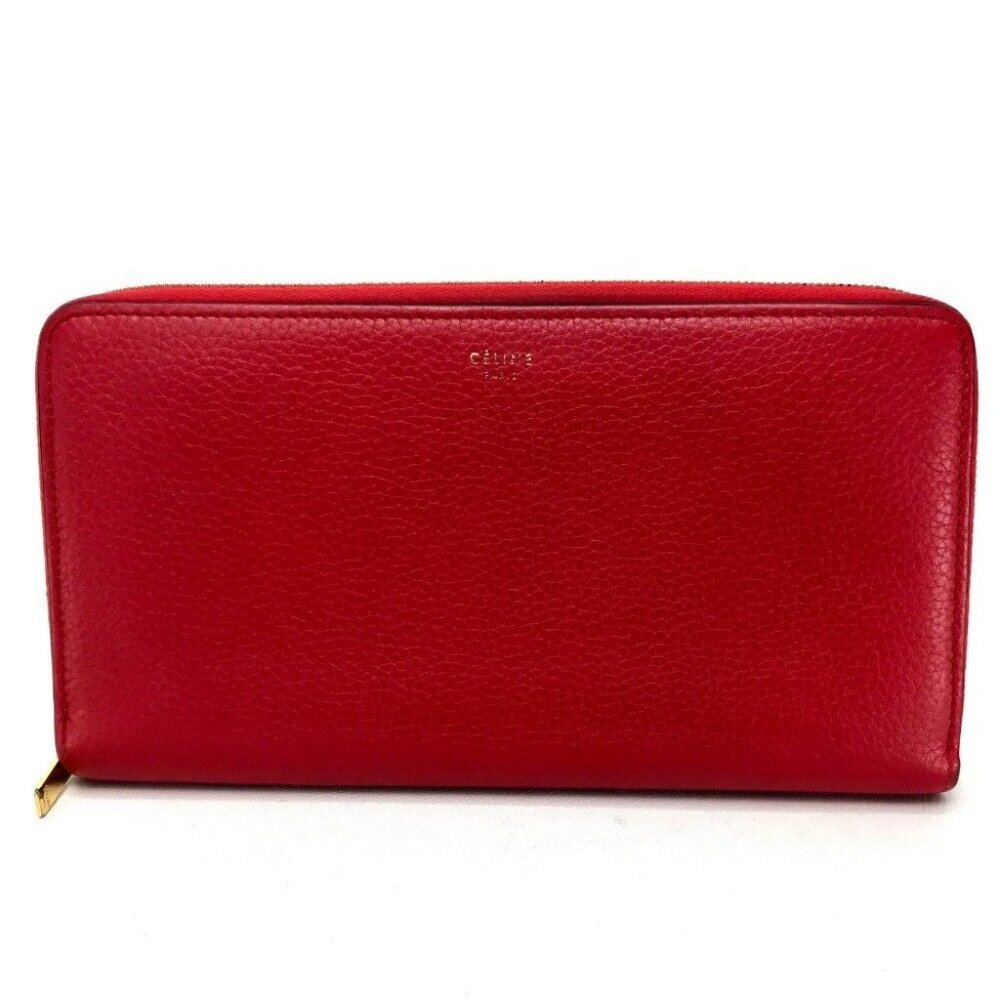 AUTHENTIC CELINE Leather Zip Around Long Wallet Red - Picture 1 of 9